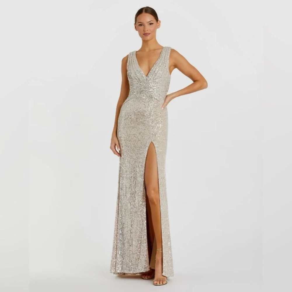 Mac Duggal Ieena 26598 V-Neck Wrap Waist Sequin Gown Dress New Champagne Formal